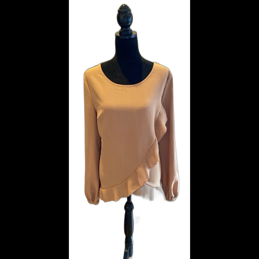 Shein‎ Blouse Plus Size XL Tan Faux Wrap Style w/ Ruffle Hi Low Hem Travel Top